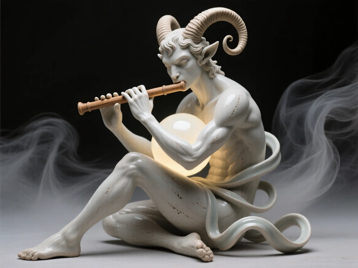 A horned faun playing a wooden flute coiled protectively around a glowing orb, wrapped in wisps of enchanted mist, filling the scene with mysterious, otherworldly beauty.