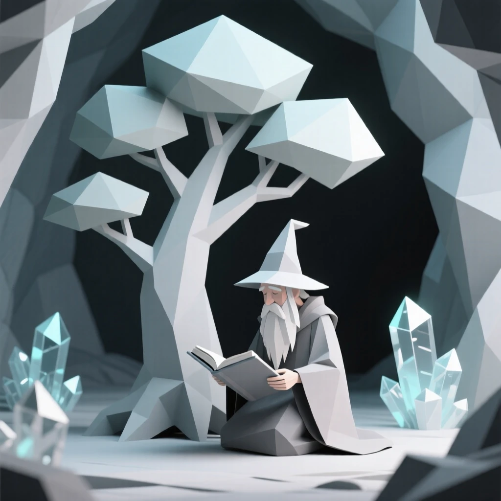 A wise old wizard reading beneath a giant tree, inside a cavern glittering with crystal light. the composition frames the subject as a clear focal point. The scene feels magical and full of wonder.