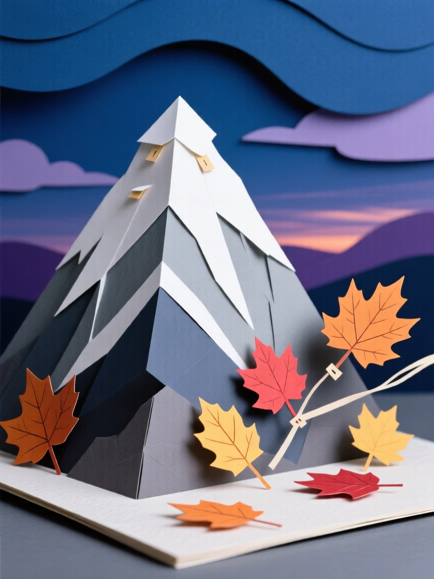 A snow-capped mountain peak in the deep blue hour after dusk, with autumn leaves drifting on a gentle breeze, capturing raw natural grandeur and scale.