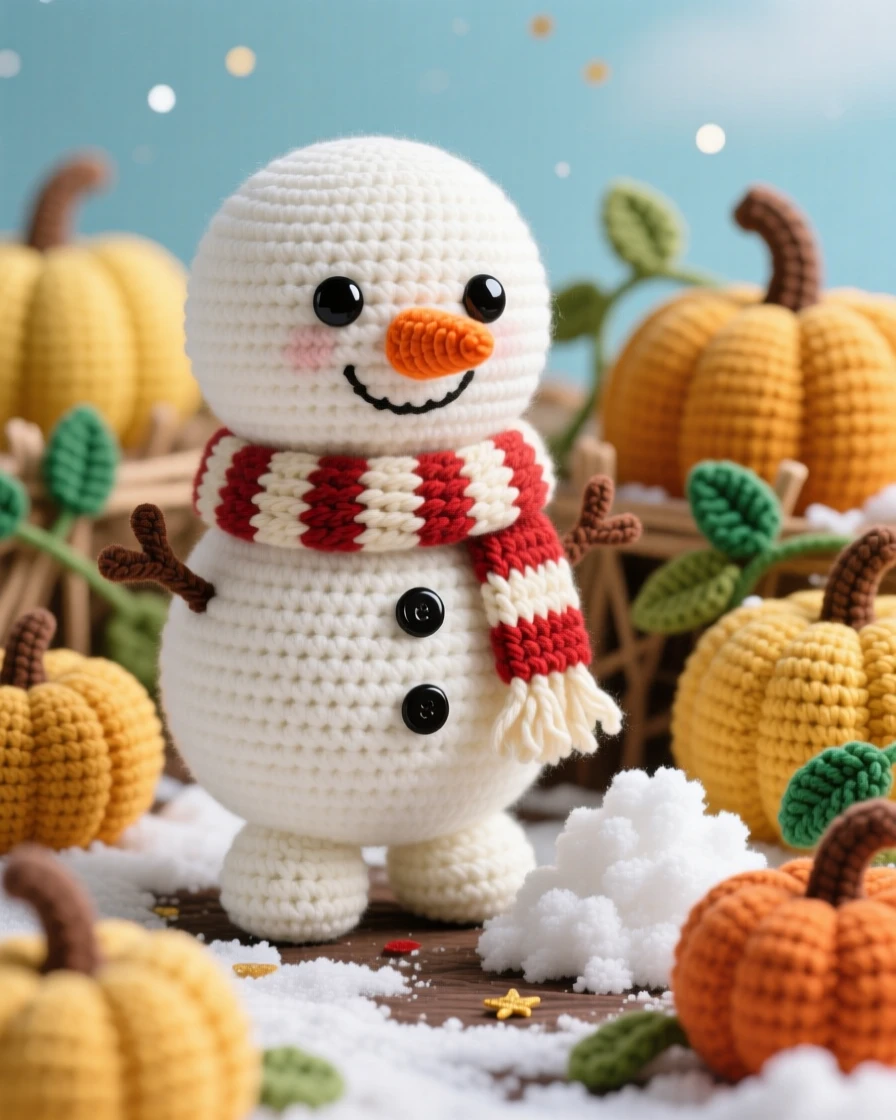 A festive scene of a cheerful snowman with a carrot nose and a striped scarf, standing proudly beside a small pile of snow within a golden pumpkin patch under a crisp autumn sky; a trail of glittering confetti nearby, radiating quiet, comforting seasonal tradition.