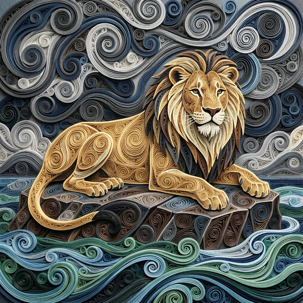 A striking wildlife scene of a majestic lion resting atop a rocky outcrop surrounded by softly rippling water, in the dramatic contrast of a stormy sky, shot from a low, powerful ground-level angle.