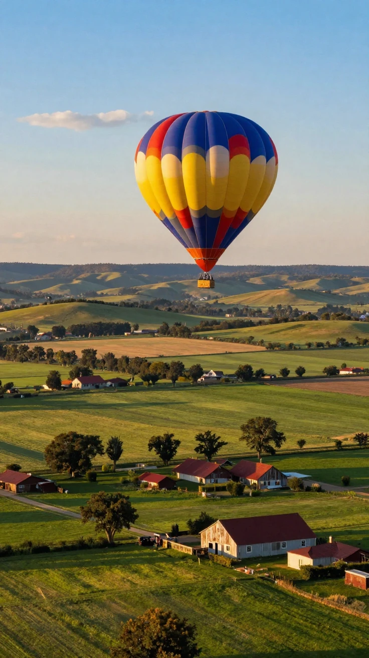 A hot air balloon drifting over a countryside landscape