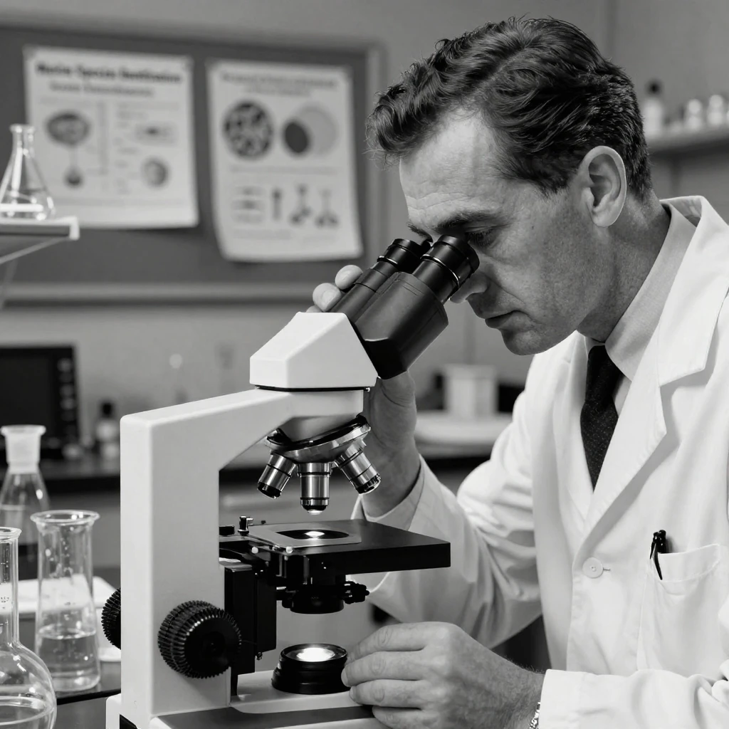 A biologist peers through a research microscope in a marine biology lab.