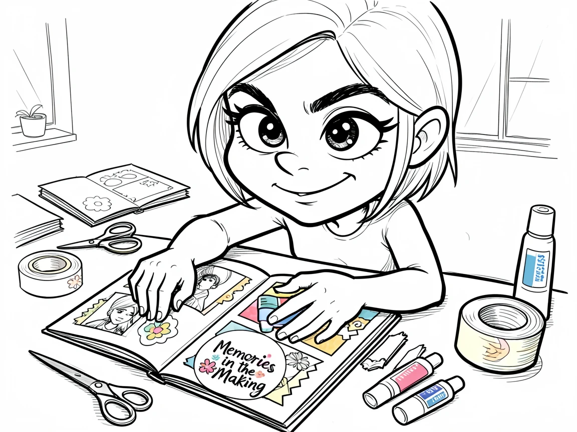 [Occupations & Hobbies] Detailed scene of a devoted scrapbooker arranging photos and stickers on a page, showcasing skill and dedication