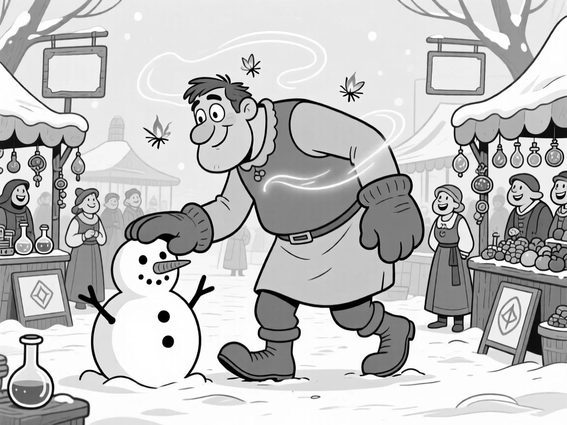 A clumsy giant tiptoeing carefully through a village, patting the snowman proudly with oversized mittens, set in a bustling fantasy marketplace. Fireflies swirl in lazy spirals nearby. The scene turns epic fantasy into pure charming comedy.