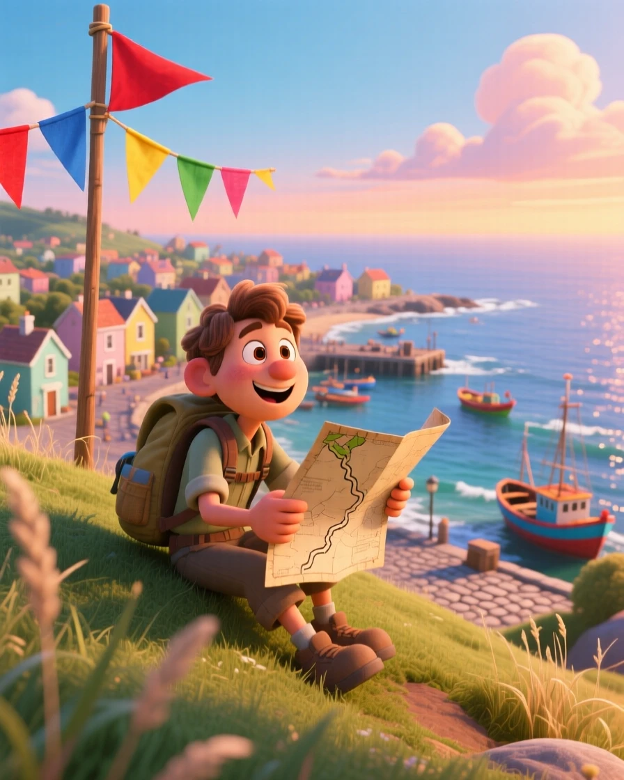 A solo hiker pausing to rest stands atop a hill overlooking a sprawling coastal town, tracing a path on an old paper map. A quiet excitement for discovery lingers in the air, with colorful flags fluttering nearby.