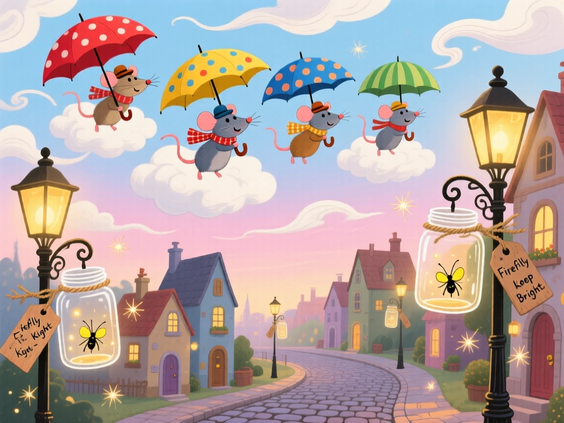 A group of umbrella-riding mice delights in flying through the clouds using an umbrella, tucked within a town where the streetlights are fireflies in jars, with everything slightly too big or too small in a charming way.