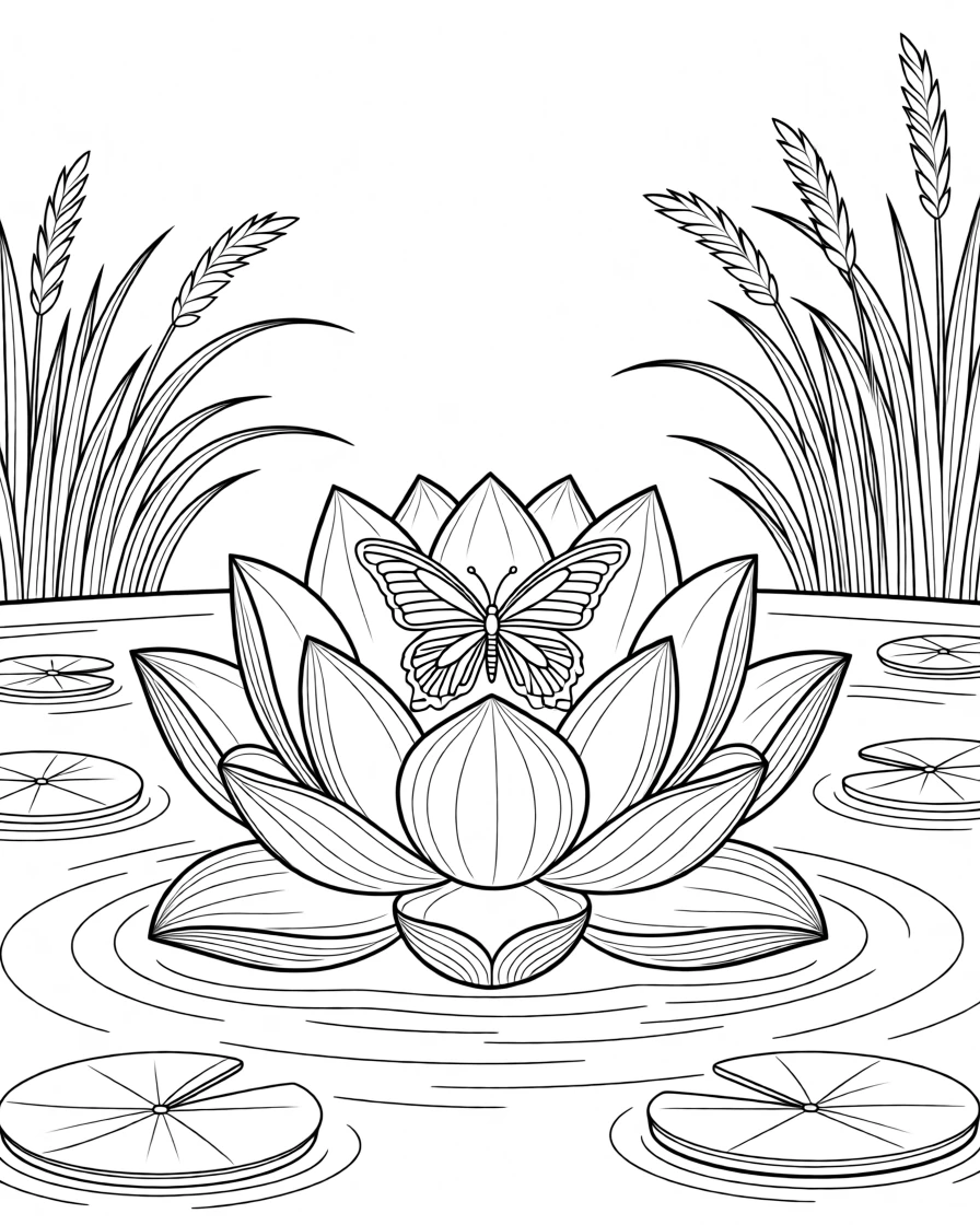 A lotus flower blooming in a still pond, with a butterfly resting on one of the petals.