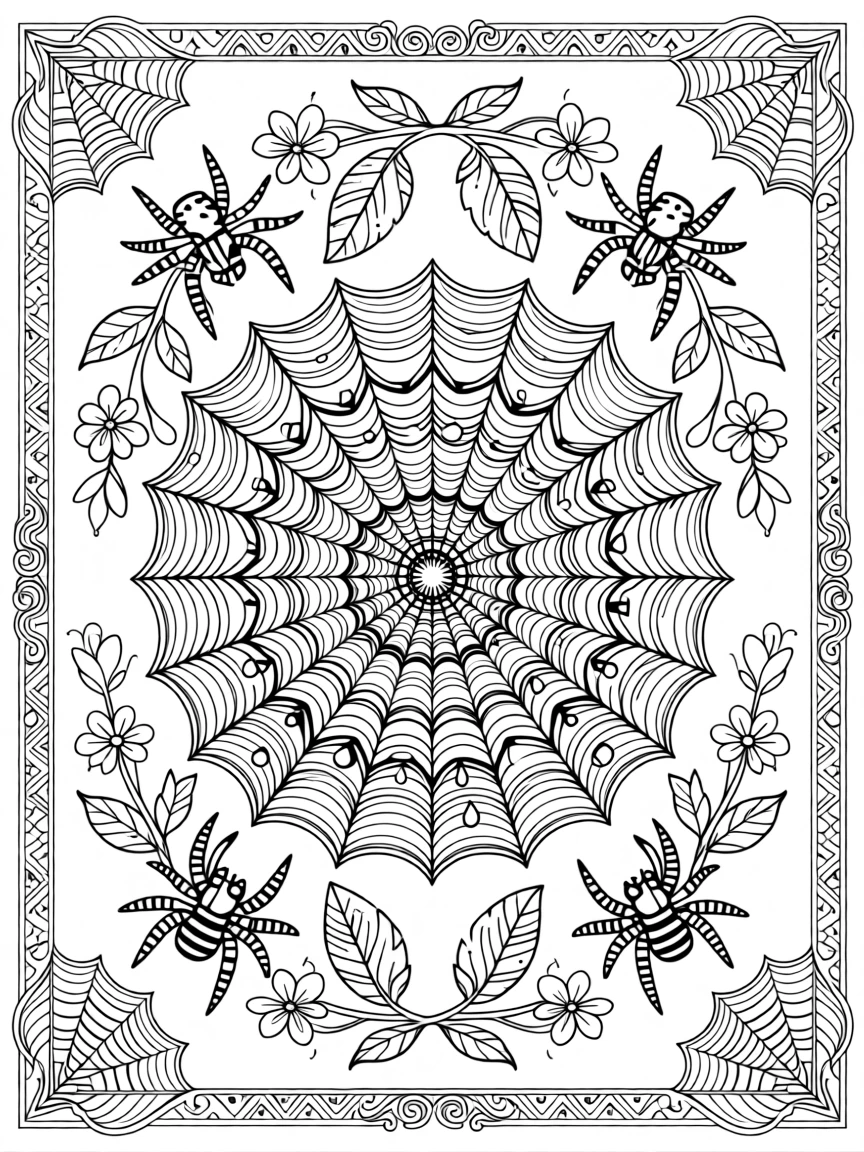 A mandala shaped like a spider web with dew drops at each junction.