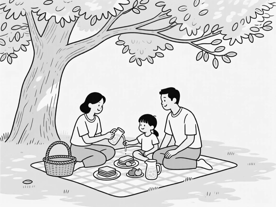 A family having a picnic under a large shade tree
