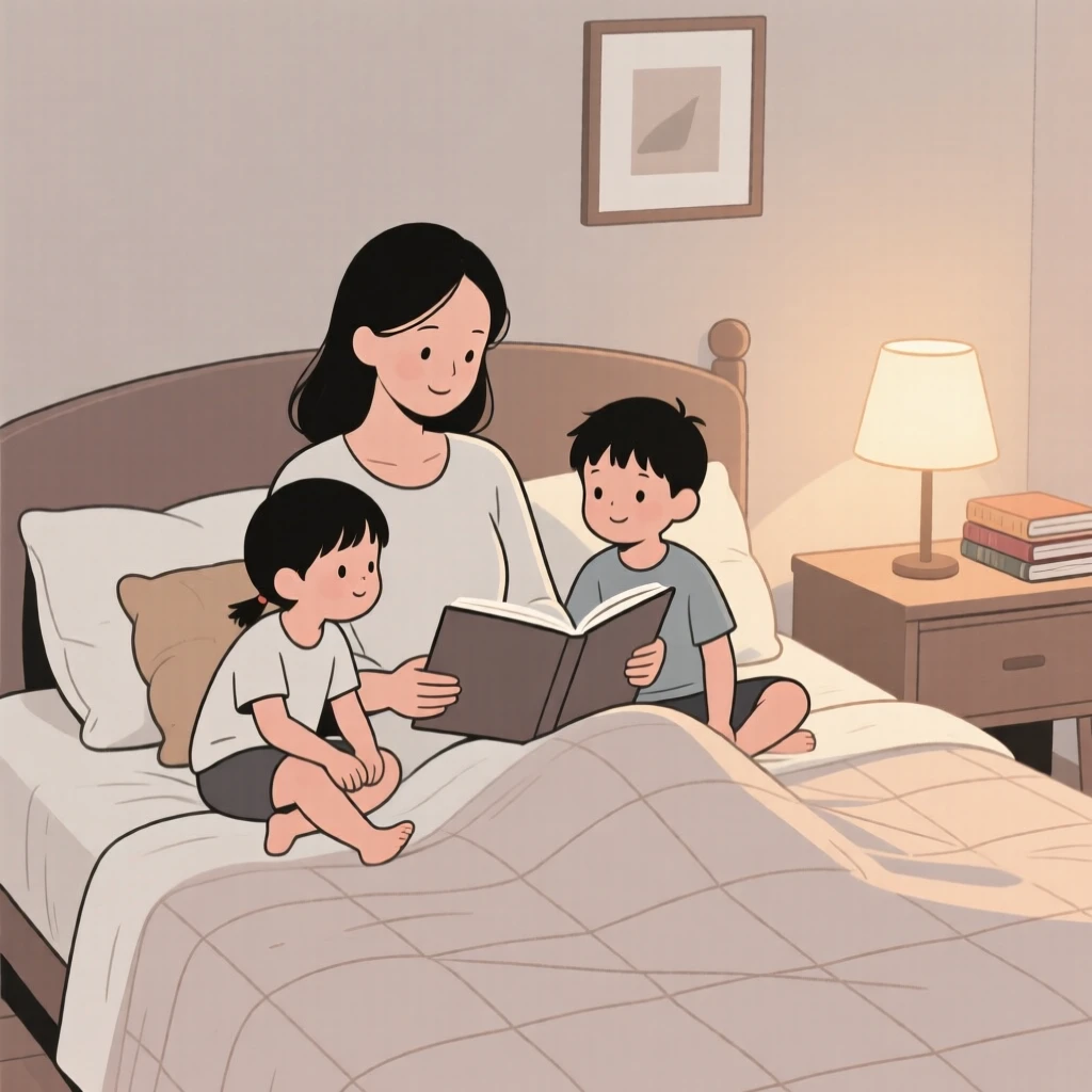 A mother reading a bedtime story to her children in a cozy bedroom.