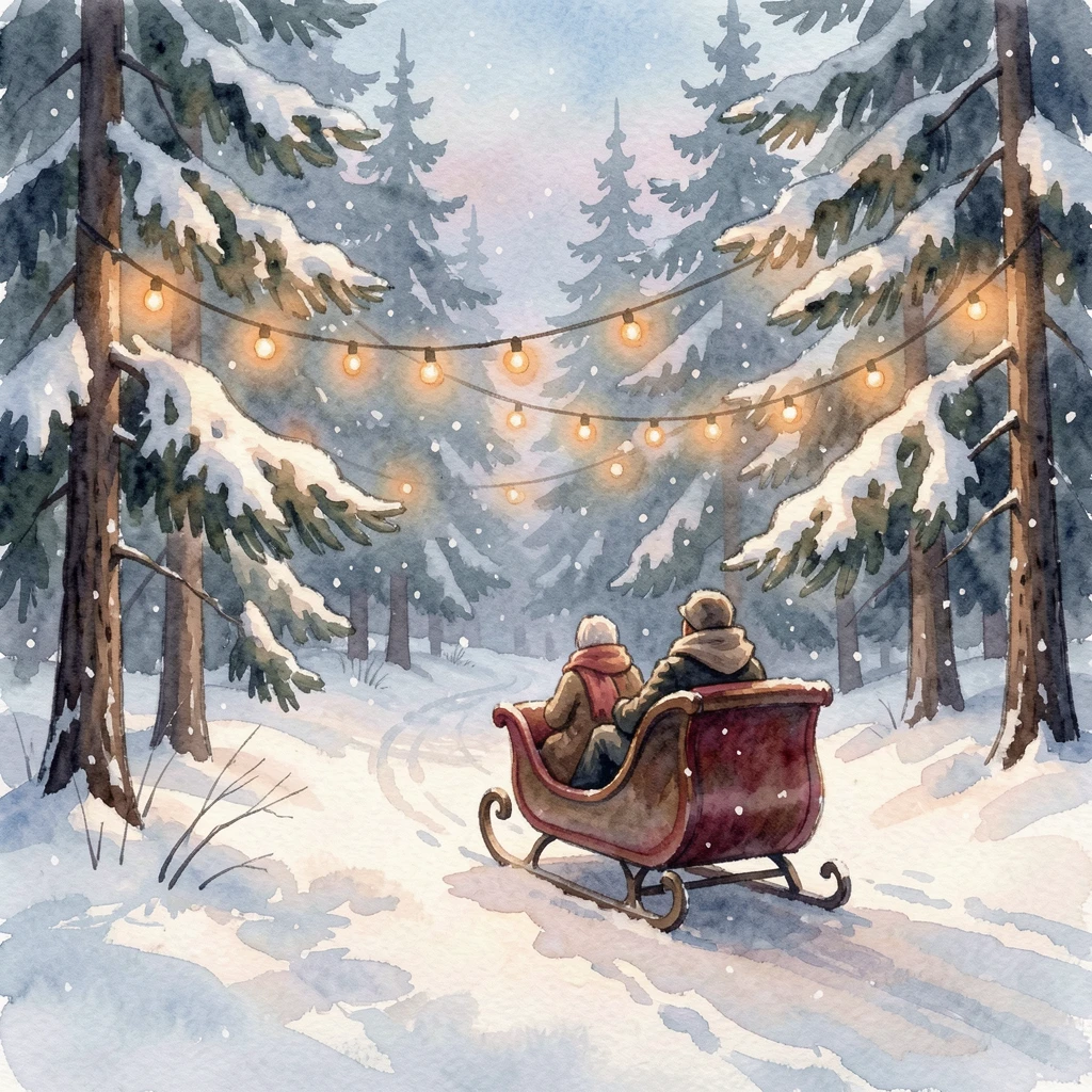 A snowy sleigh ride through a quiet forest under strings of warm fairy lights.
