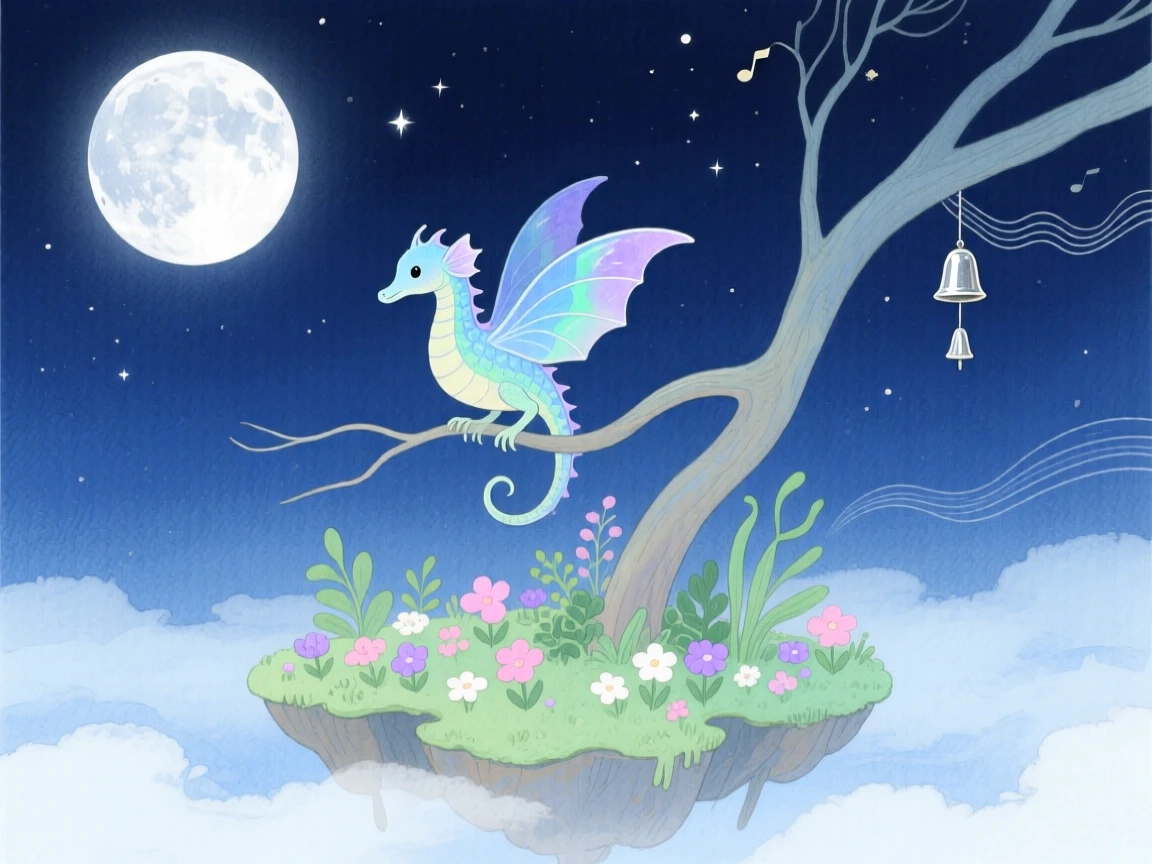 A tiny sea dragon perches on a moonlit branch in a floating garden island, as distant chimes ring softly in the wind