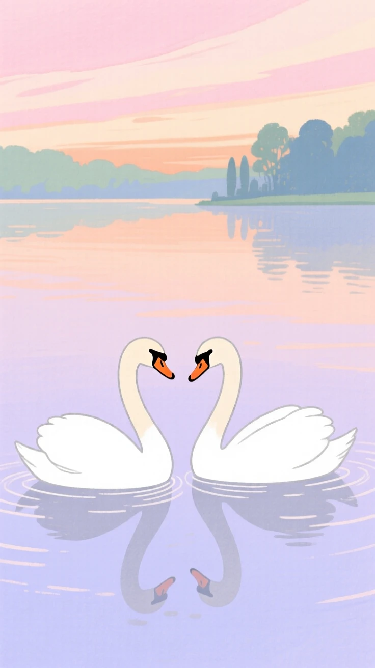 A pair of swans gliding across a still lake at dawn.