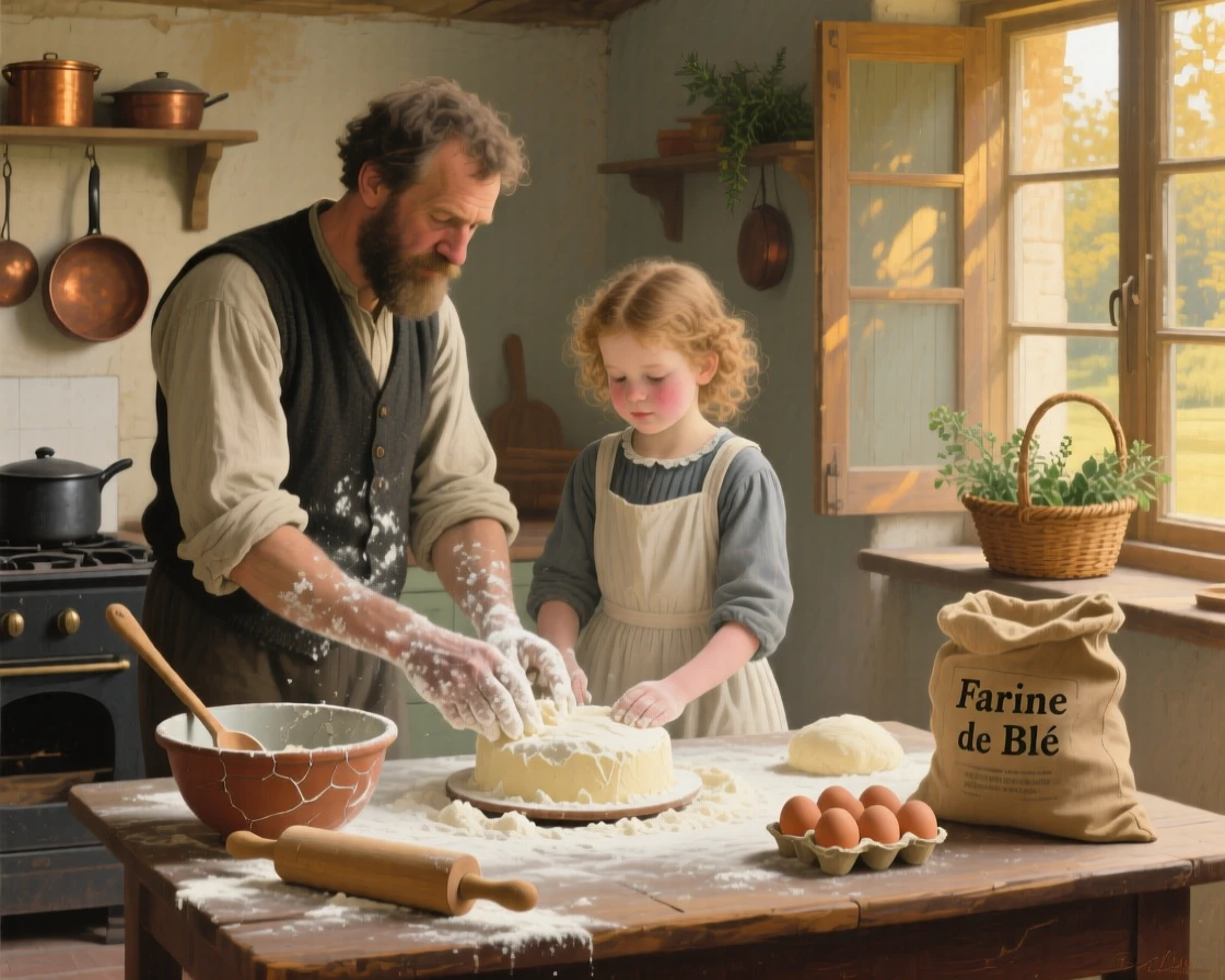 A father and daughter baking a cake together, both covered in flour, with warm afternoon light streaming through nearby windows, capturing an everyday moment that feels timeless and precious