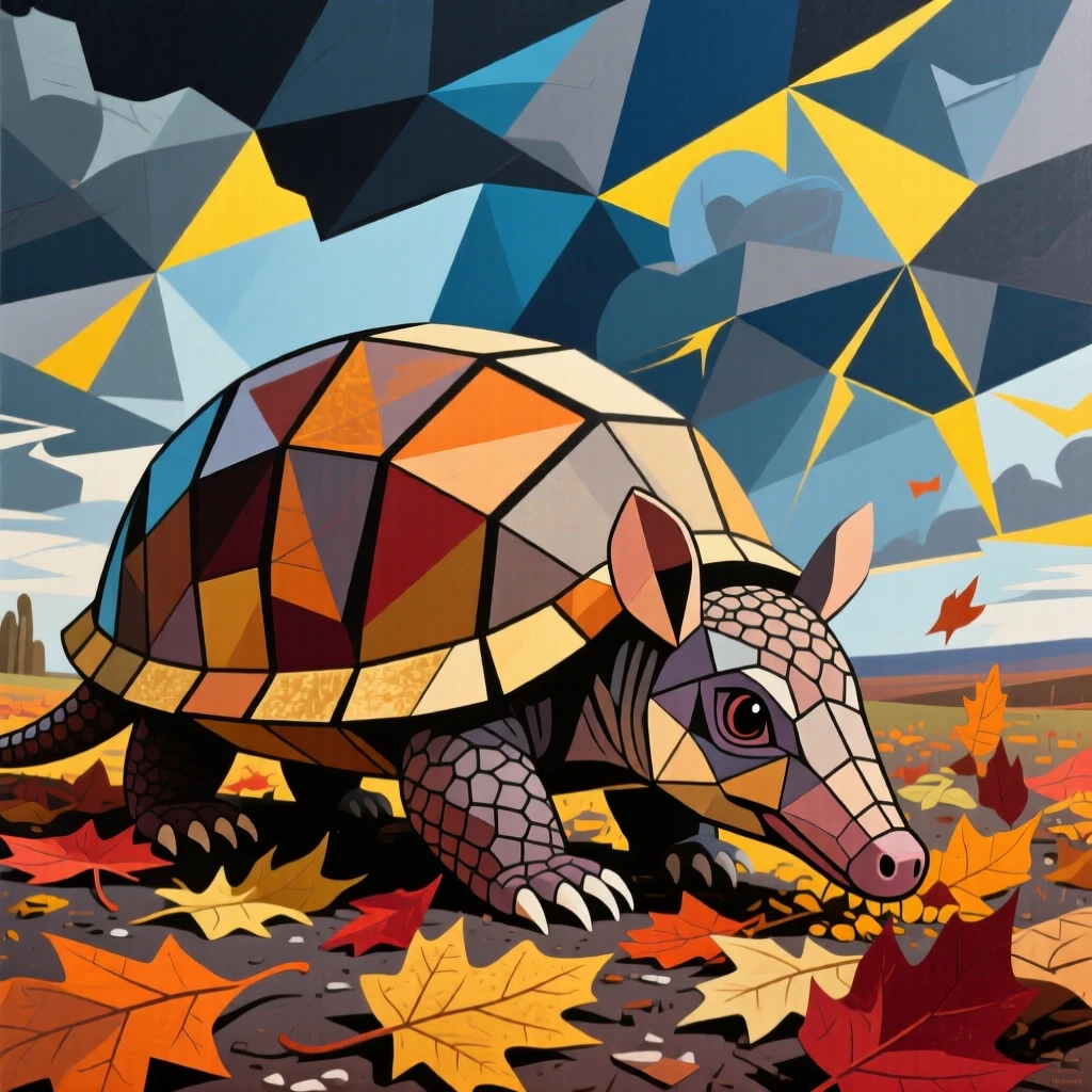 A striking view of an armadillo foraging among fallen autumn leaves beneath a dramatic sky.