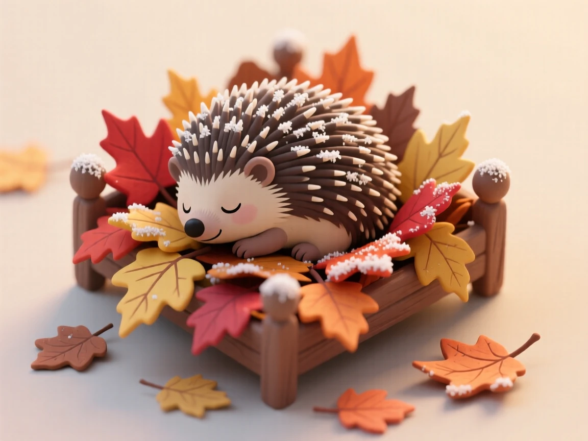 A tiny hedgehog curled up asleep in a bed of fallen autumn leaves, its spines dusted with morning frost.