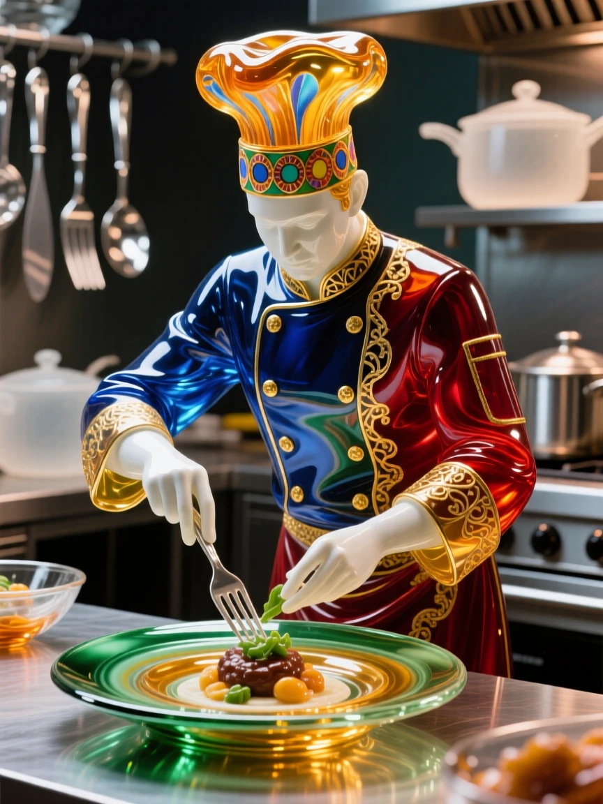 A chef plating an exquisite dish in a bustling professional kitchen, focused and artful.