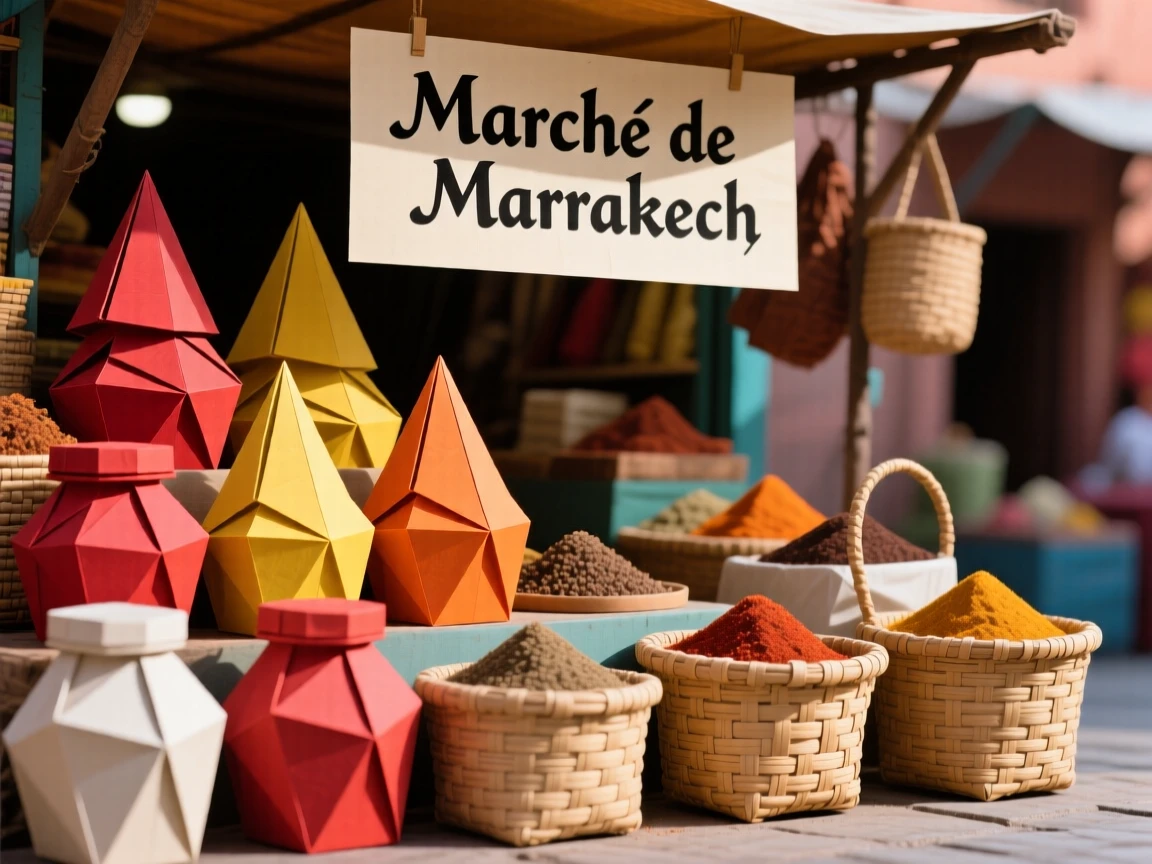 A colorful street market in Marrakech filled with stacked spices and woven baskets.