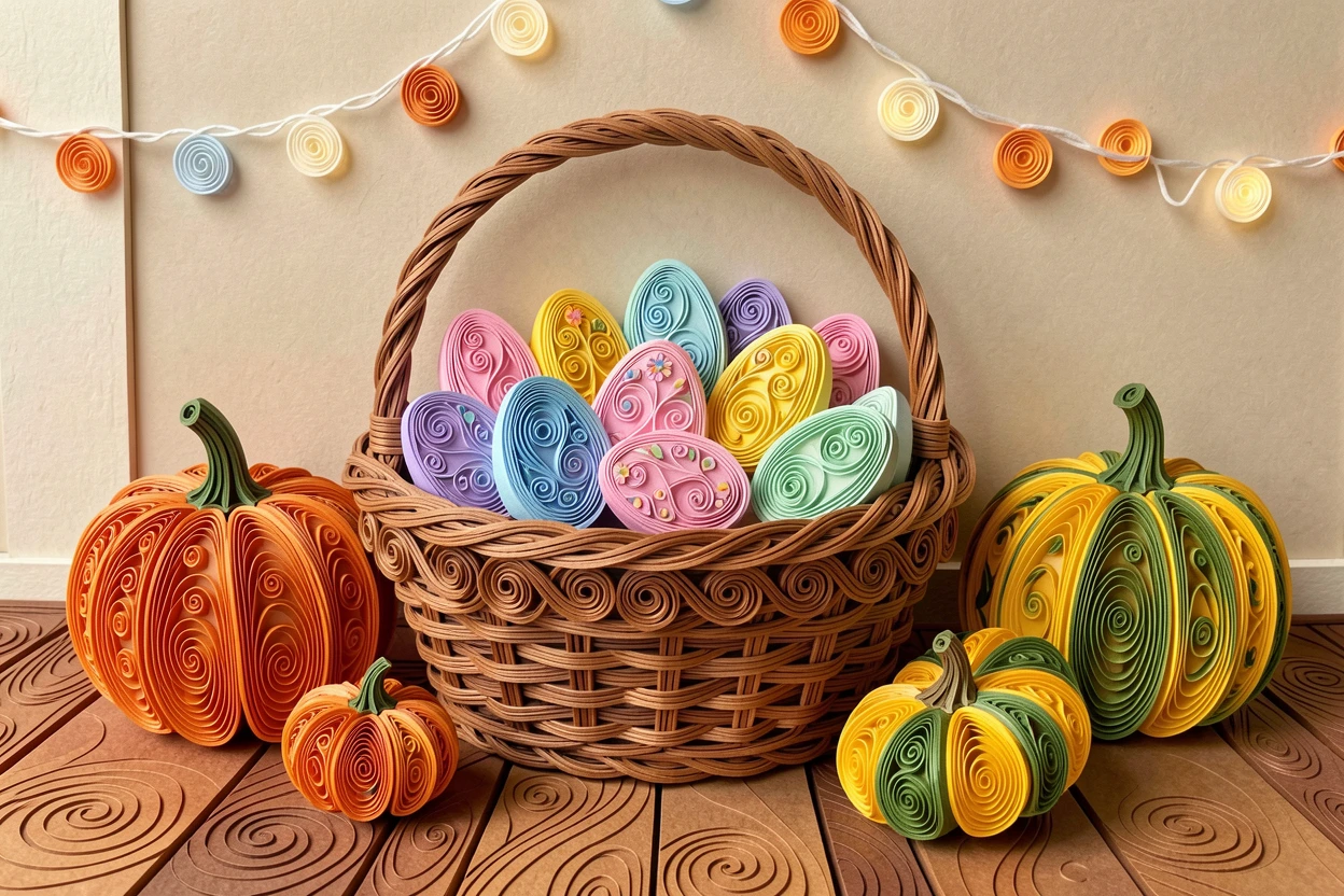 a basket overflowing with pastel Easter eggs, on a cozy porch decorated with autumn gourds, composed with a cozy, inviting central focal point, under the warm glow of string lights.