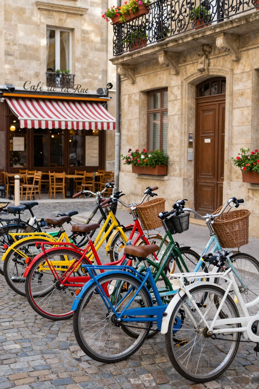 A fleet of colorful bicycles parked along a European street
