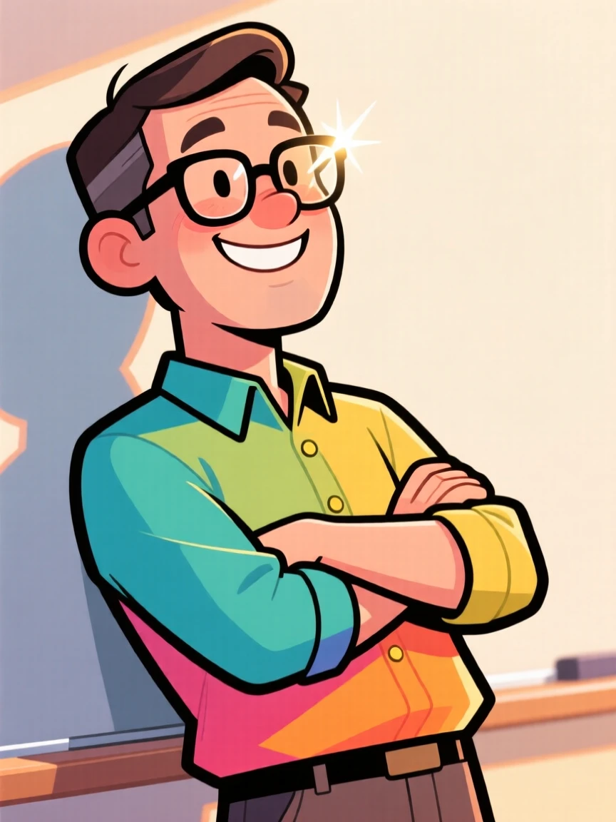 A charming portrait of a kind-hearted teacher, leaning back with arms crossed and a confident smile, with sunlight glinting off their glasses.