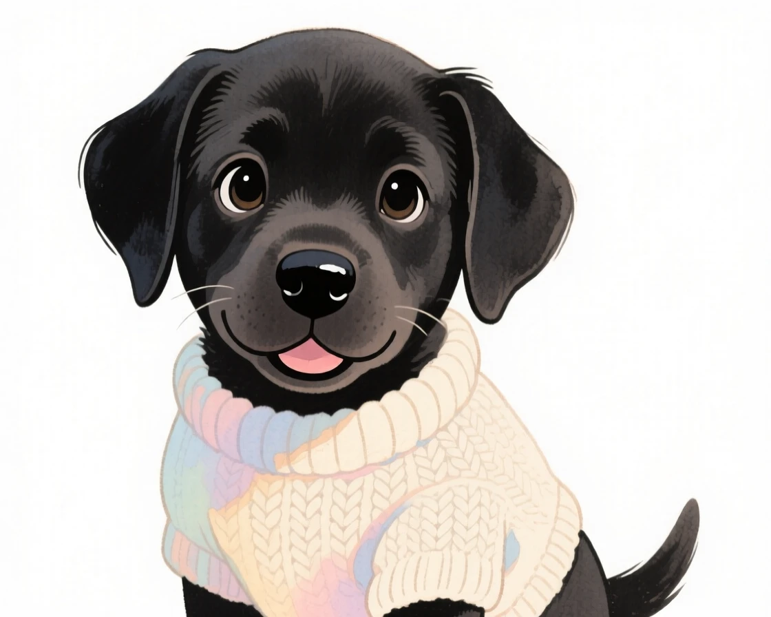 A black lab puppy wearing a tiny knit sweater