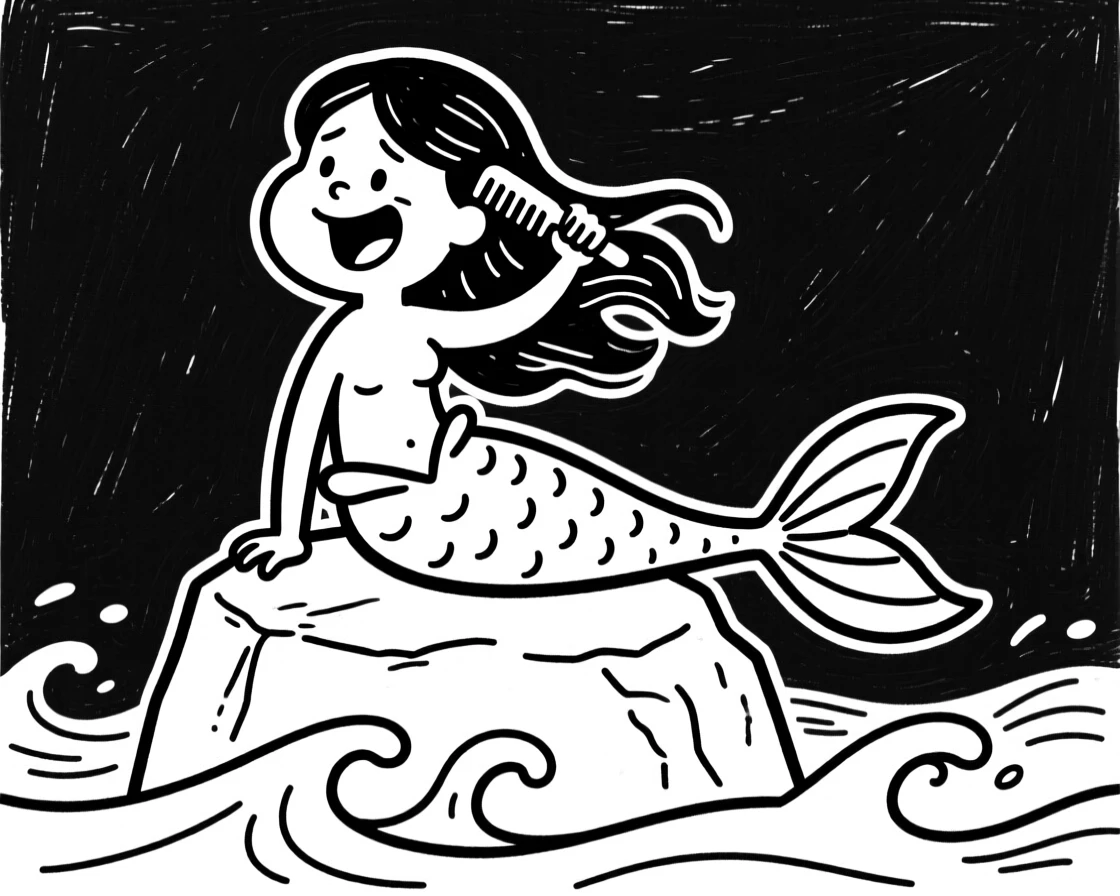 A mermaid perched on a rock, combing her hair as waves crash below at sunset.