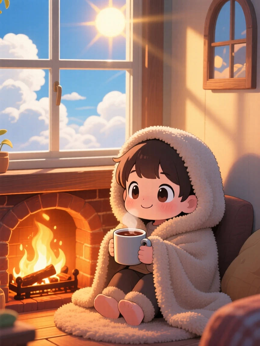 A small child sipping cocoa wrapped in a fluffy blanket in a warm fireplace corner beneath fluffy drifting clouds; rays of sunrise breaking through clouds washes over the scene as peaceful calm fills the moment. Framed through a window.