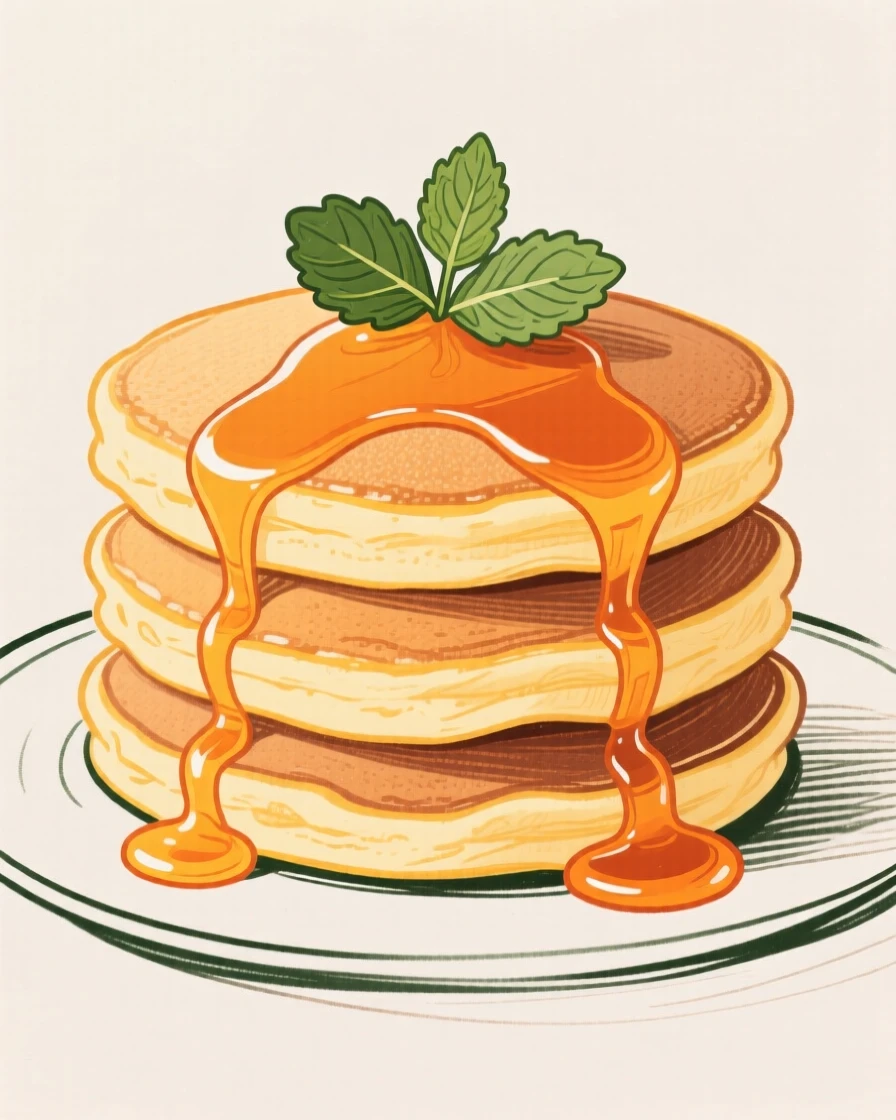 A stack of fluffy pancakes drizzled with maple syrup.