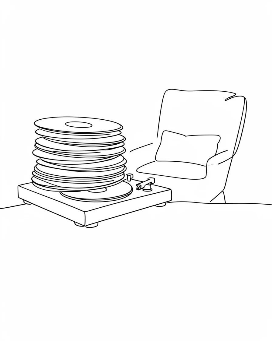A stack of vinyl records beside a turntable in a cozy room