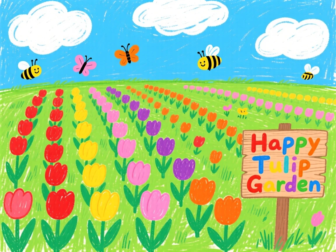 A field of tulips arranged in colorful rows.