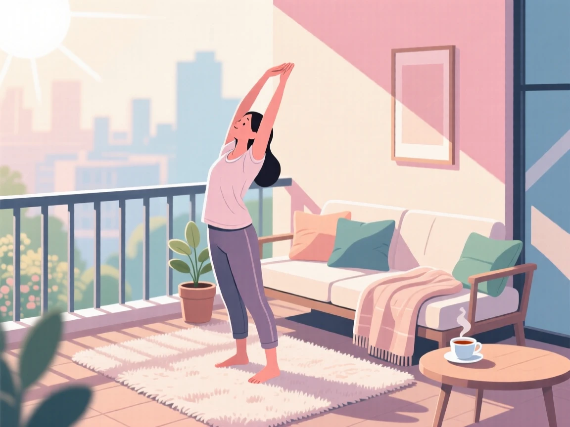 A morning stretch routine on a sunlit balcony, arranged in a cozy corner filled with soft textures, composed with soft natural light falling diagonally across the scene, with gentle pastel tones evoking calm and comfort.