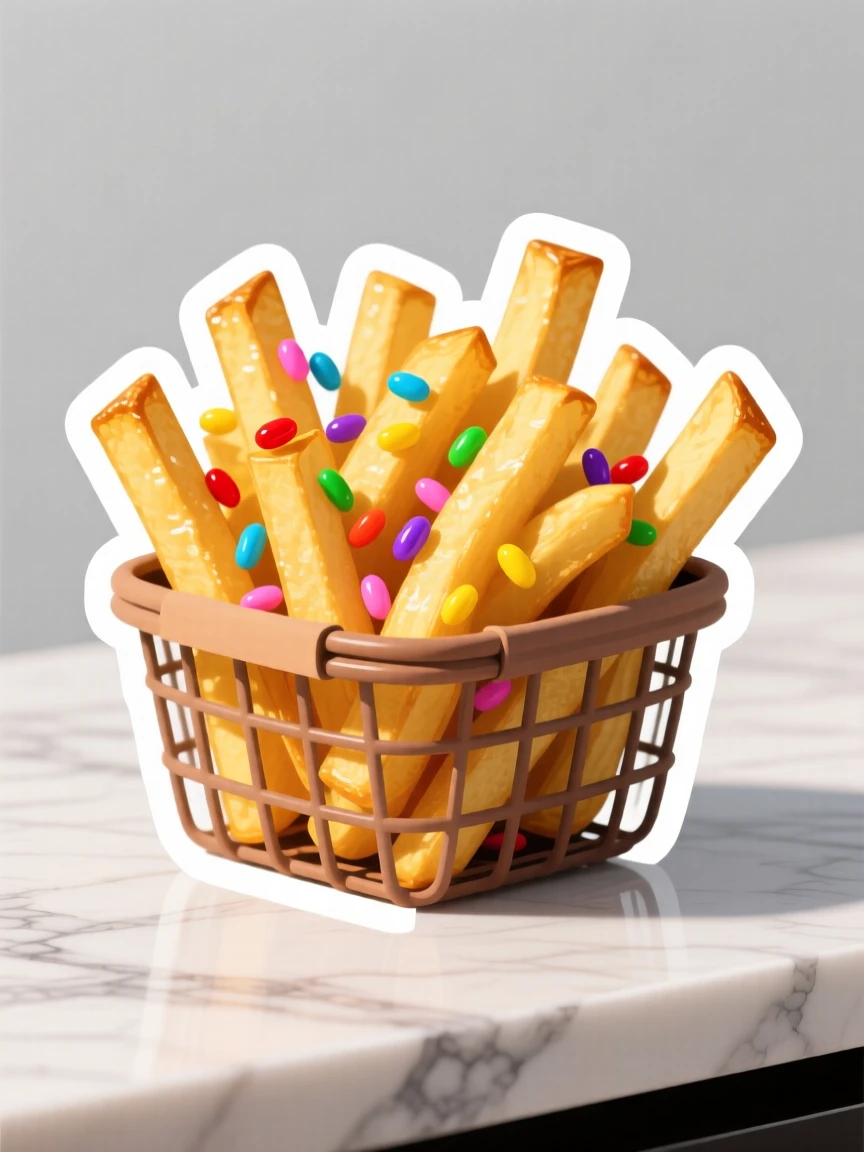 A freshly made basket of golden french fries, sprinkled with rainbow sprinkles, on a marble countertop with soft shadows.