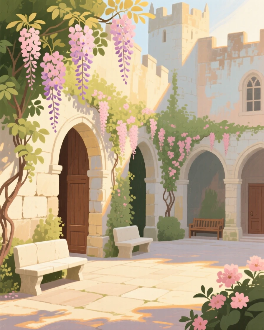 A castle courtyard filled with climbing wisteria and stone benches