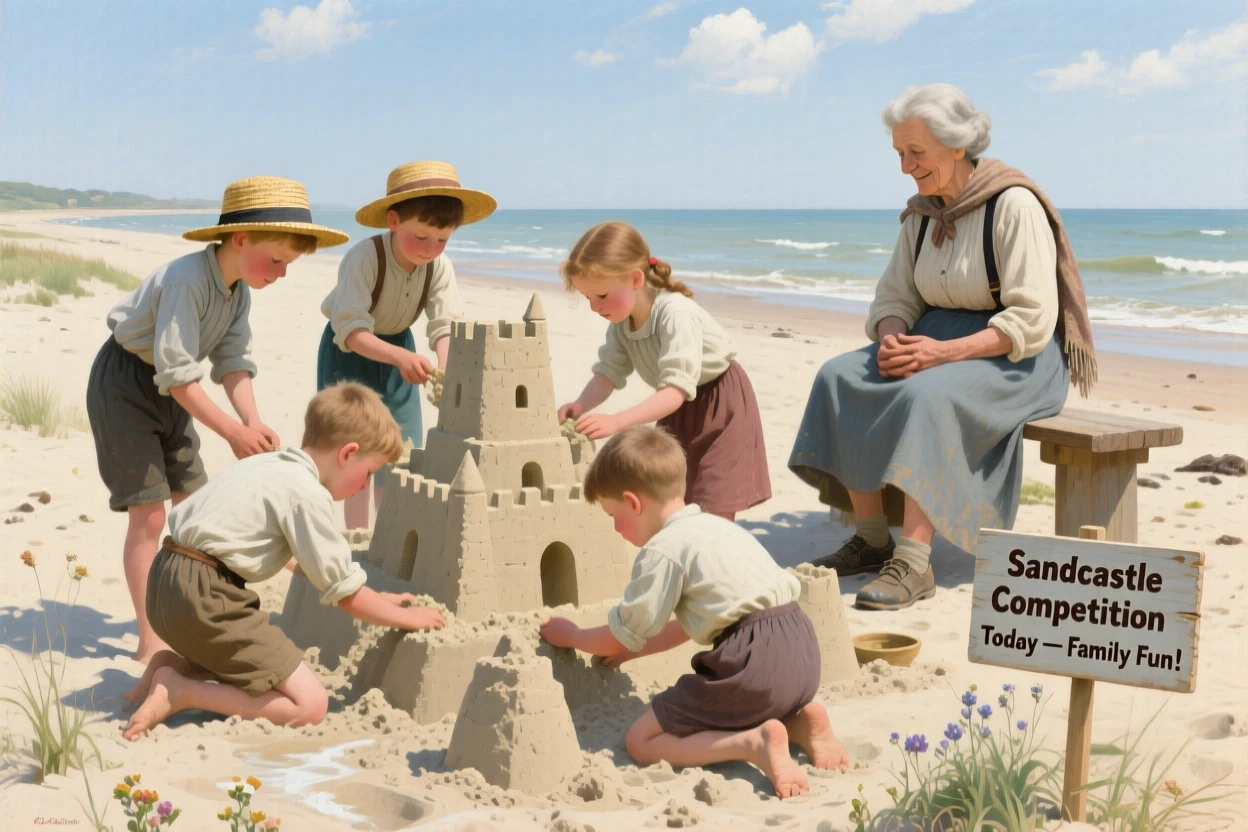 Children building an elaborate sandcastle together on a sunny beach, as an older family member watches on with a proud smile, offering a heartwarming glimpse into ordinary, meaningful moments
