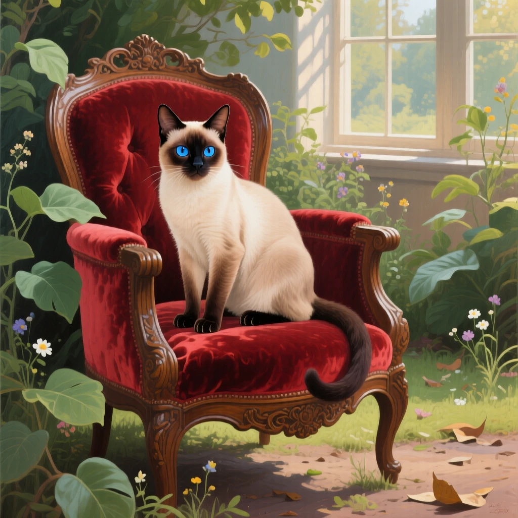 An elegant Siamese cat sits regally on an antique velvet armchair, its piercing blue eyes reflecting soft afternoon light from a nearby window, nearby vegetation and terrain grounding the animal firmly within its natural environment.
