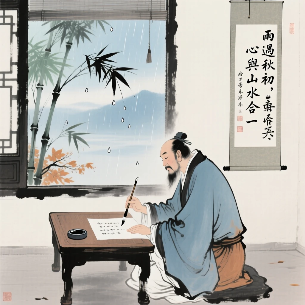 A scholar seated at a low table composing poetry beside an open window, just after a rain shower, at the turn of autumn, conveying a deep sense of harmony with nature.