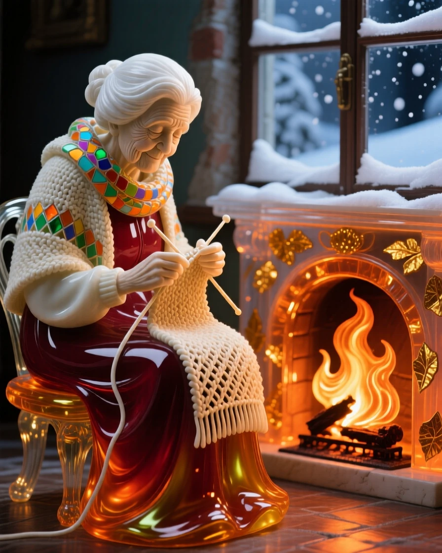 A grandmother knitting by a crackling fireplace on a snowy evening, cozy and warm.