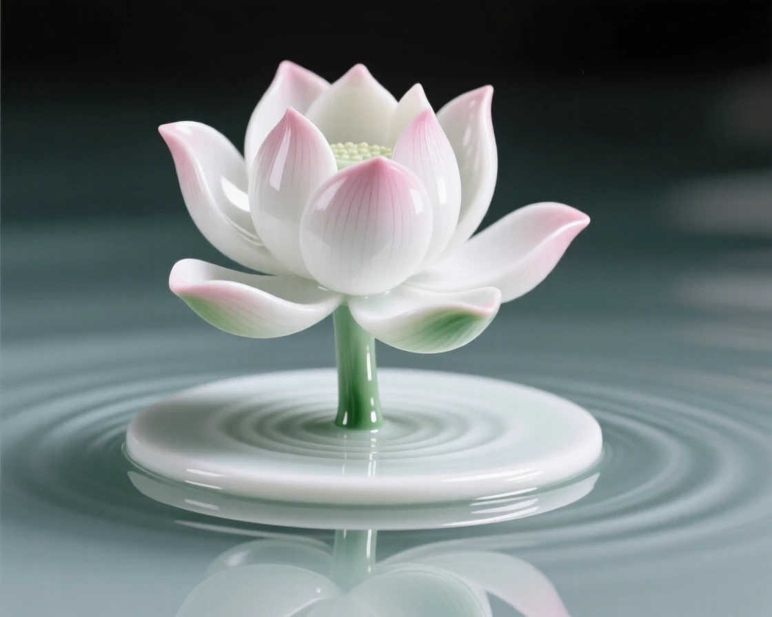 A single lotus flower floating on still water, every petal rendered in exquisite detail.