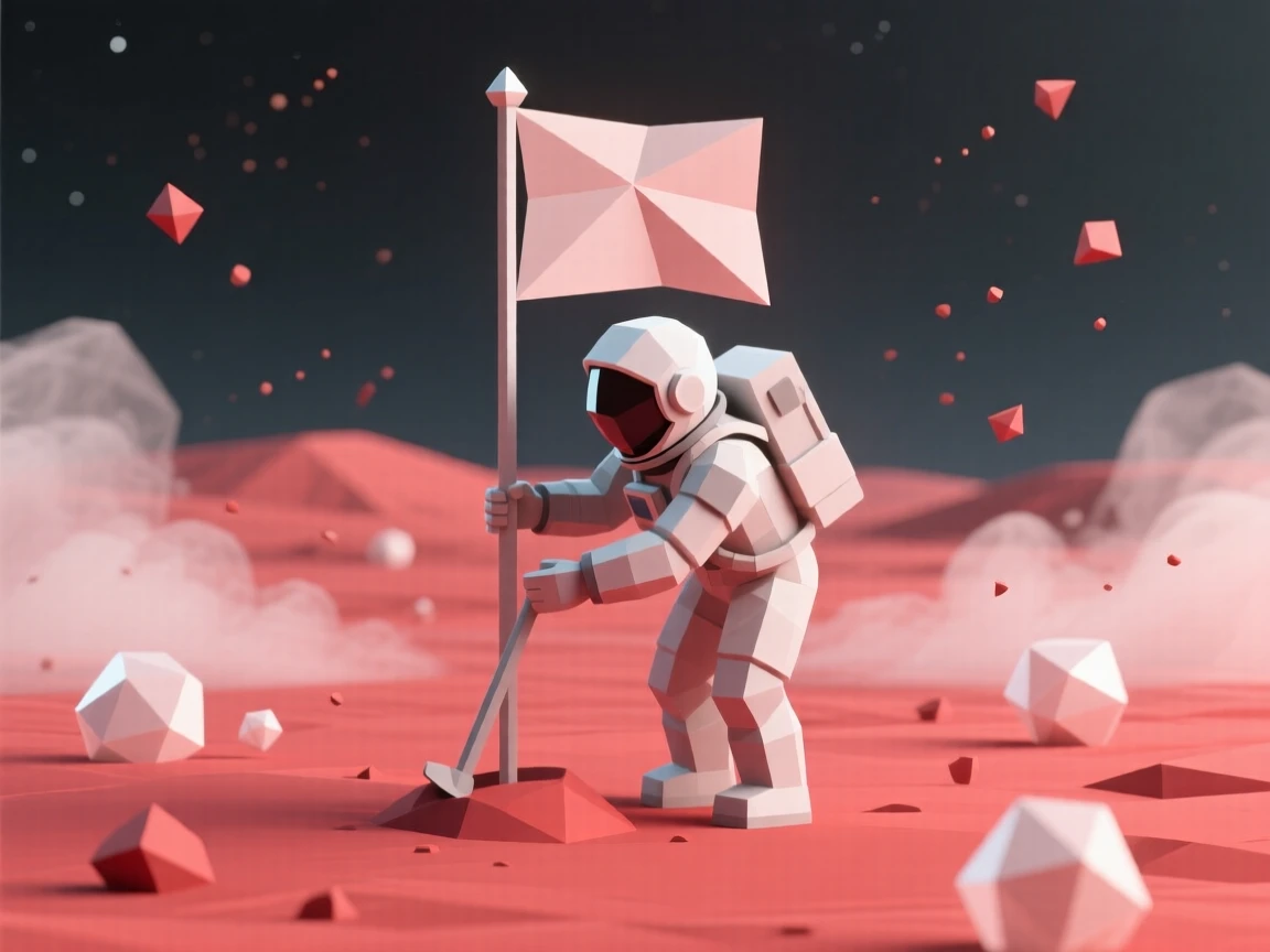 An astronaut planting a flag on an alien red landscape, surrounded by soft glowing mist. fine particle detail adds texture to the vast space. It captures a feeling of peaceful isolation.