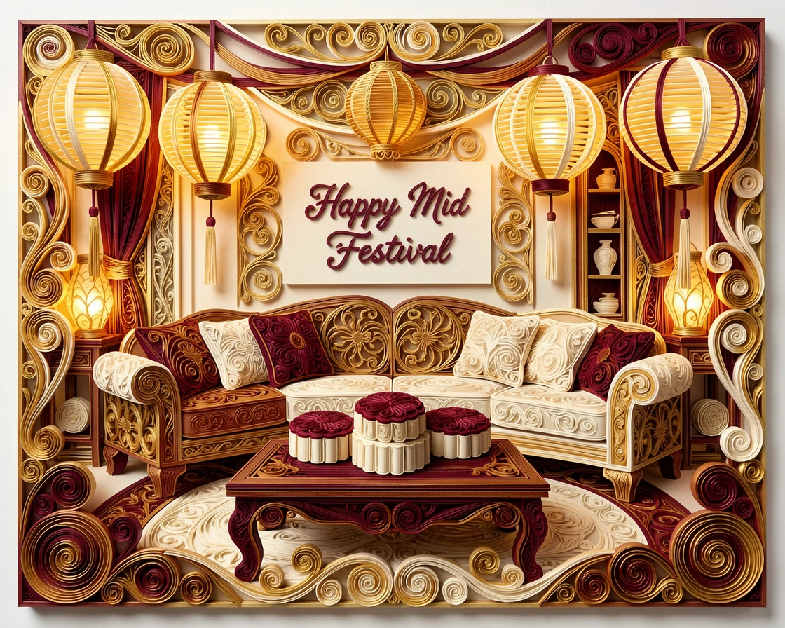 a Mid-Autumn Festival scene with glowing lanterns and mooncakes, in a cozy living room decorated for the holidays, framed by strings of glowing lanterns, in a festive palette of gold, ivory, and deep crimson.