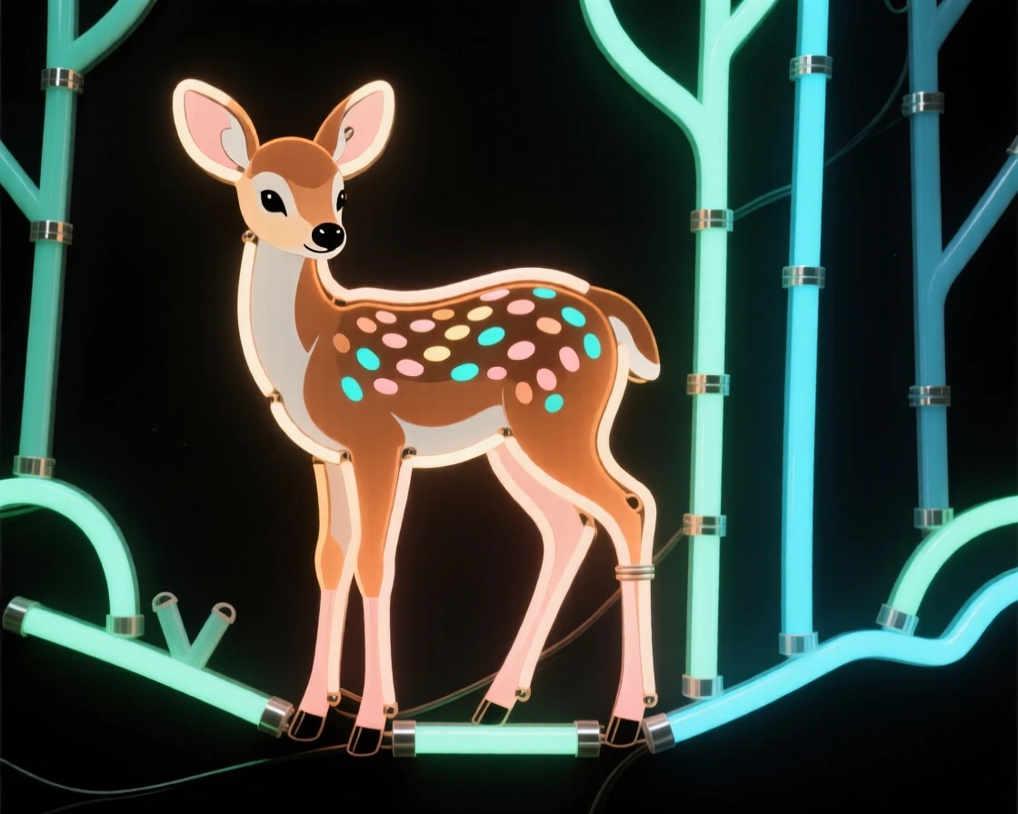 A baby deer with speckled fur standing shyly at a forest edge.