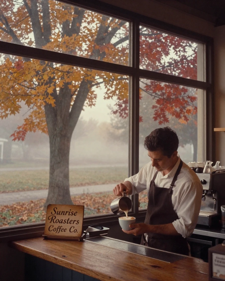 A barista carefully pouring latte art in a quiet morning café, in the pale light just before sunrise, in thick rolling fog, as autumn leaves turn gold and red, dominated by warm amber and rust tones, from a wide establishing view.