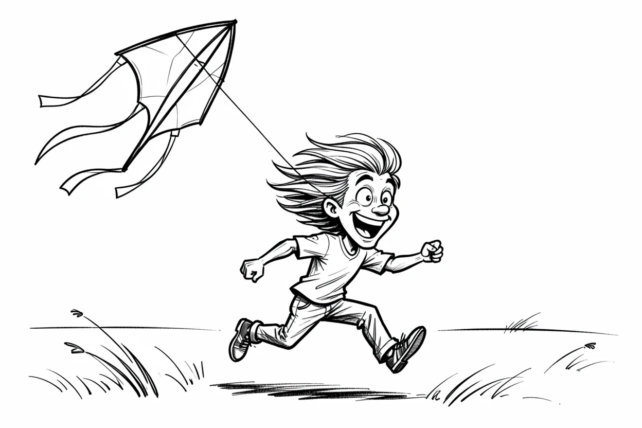 [Occupations & Hobbies] Detailed scene of an enthusiastic kite flyer running across a windy field, showcasing skill and dedication
