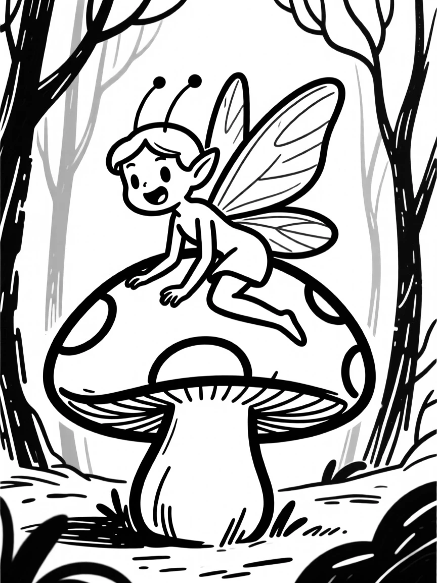 A fairy with delicate glowing wings resting on a giant mushroom in an enchanted forest.
