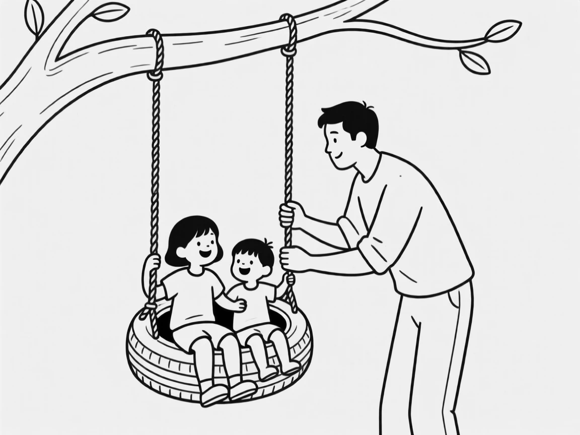 A father pushing his children on a tire swing