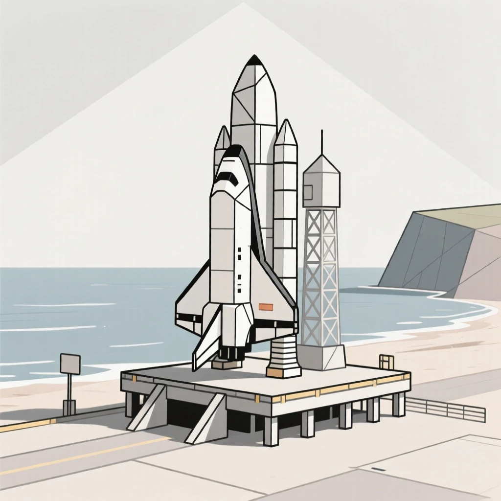 A space shuttle launching from a coastal launch pad