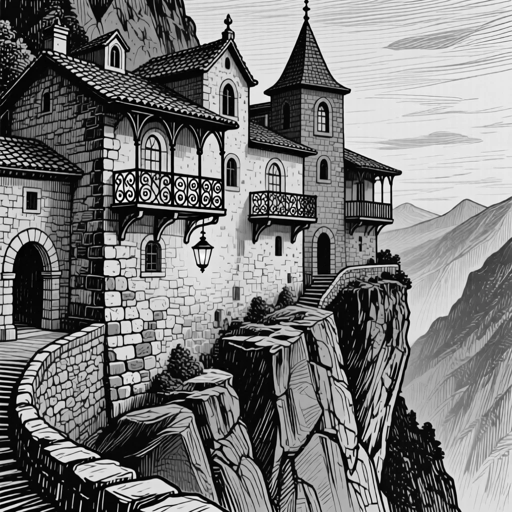 A mountain monastery perched on a cliff with lanterns beginning to glow at dusk, featuring wrought-iron balconies overhead, rendered in a quietly charming architectural composition.
