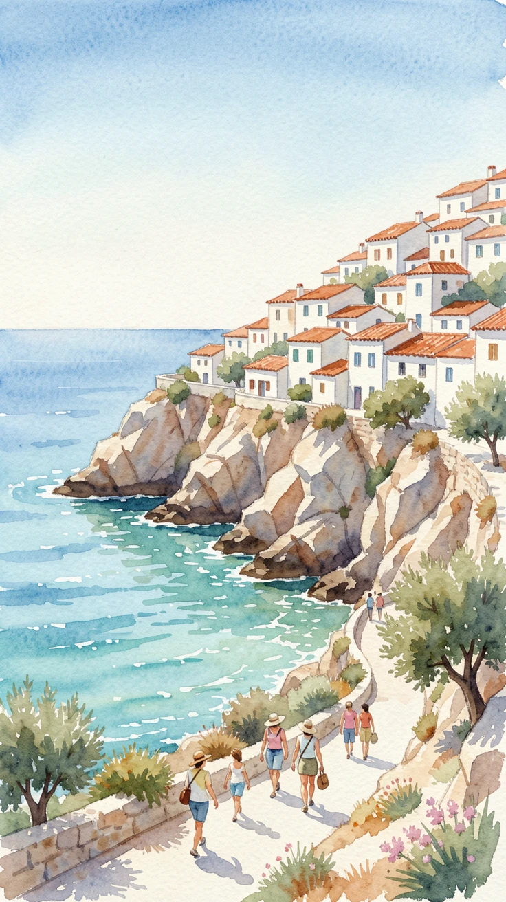 A cliffside town overlooking the Mediterranean on a clear summer afternoon with travelers strolling along the path.